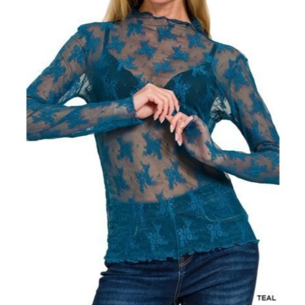 Zenana Outfitters Blue Lace Sheer Blouse